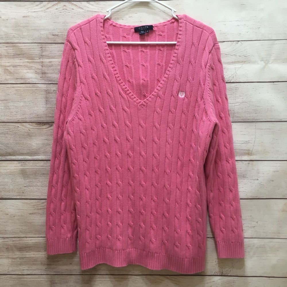 CHAPS CABLE KNIT V-NECK COTTON SWEATER IN PINK